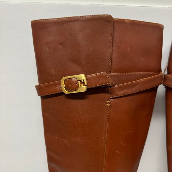 FENDI Women’s Cognac Brown Leather New High Heeled Boots Size 39 8.5 Gold Buckle - Picture 5 of 13